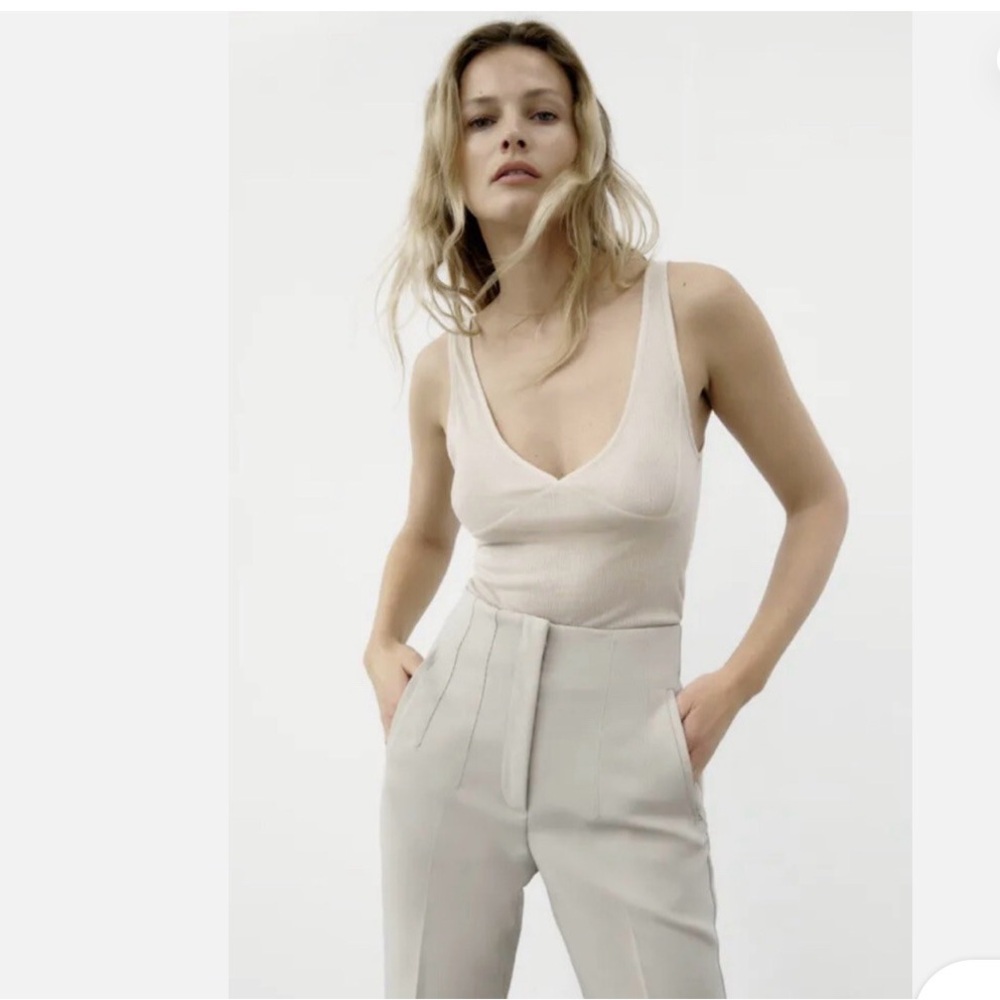 Zara Cream Ribbed V-Neck Tank and Light Gray High-Waist Trousers